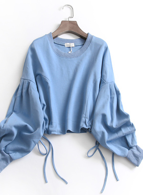 A536纯色短款抽绳褶皱圆领宽松插肩长袖秋季新款2022百搭女式卫衣