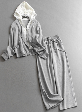 蕾丝拼接连帽宽松显瘦长袖卫衣一整套穿搭阔腿裤女时尚套装V532