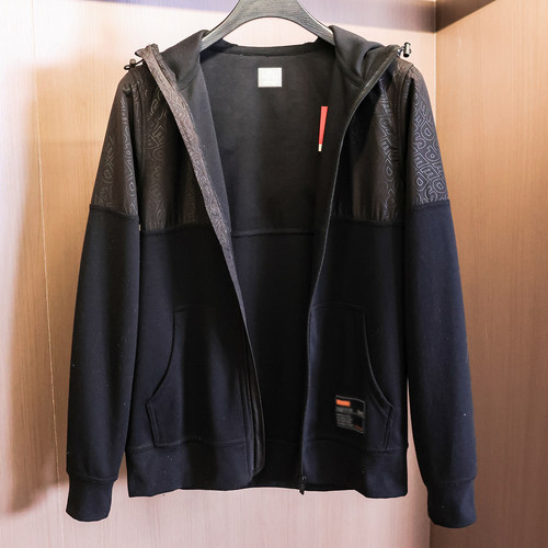 拼色暗纹印花抓绒连帽拉链卫衣男