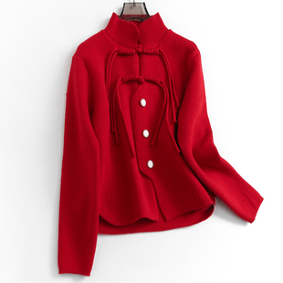 针织外套女毛衣M278 长袖 红色喜庆过年立领盘扣新中式 国风秋冬新款