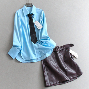 可配一整套PU皮短裙女套装 衬衫 Q706 长袖 配领带纯色翻领宽松中长款