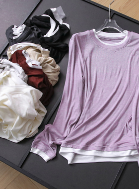 撞色假两件圆领弹力修身羊毛混纺2025秋季新款长袖打底T恤女B675
