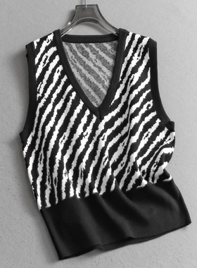 撞色斑马条纹外搭短款坎肩2025秋季新款针织毛衣叠穿女装马夹V308