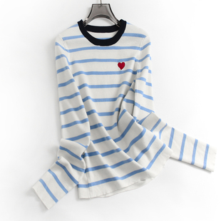 女针织衫 爱心刺绣条纹弹力显瘦修身 长袖 2024秋季 F748 圆领打底衫