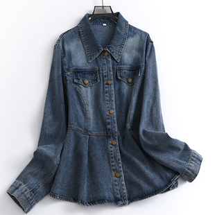 外搭女牛仔衬衫 C492纯色褶皱收腰修身 2023长袖 新款 翻领单排扣秋季