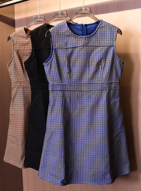 复古格纹显瘦修身收腰圆领无袖迷你裙2025秋季新款背心连衣裙V690