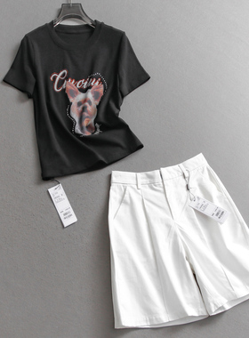 烫钻小狗印花显瘦短款圆领短袖T恤可配一整套穿搭短裤女套装C596