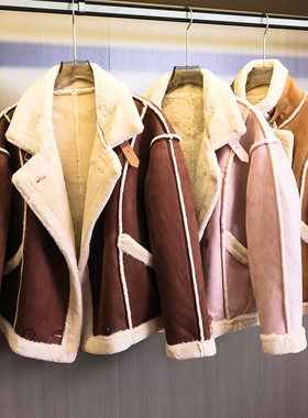 纯色仿麂皮绒加厚保暖皮毛一体机车服2025冬季新款长袖女外套B952