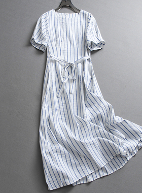 蓝色条纹系带显瘦修身圆领2025夏新款气质通勤短袖女裙连衣裙Z388