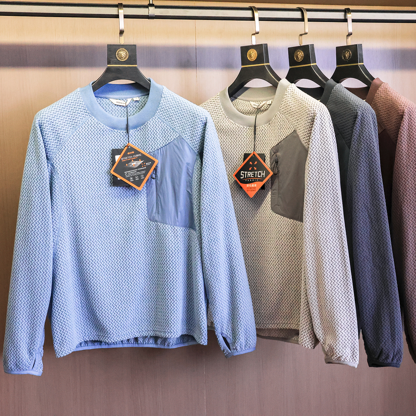 拼接口袋波浪纹抓绒圆领男士卫衣