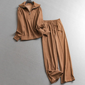 拉链翻领宽松显瘦长袖 V768 卫衣一整套穿搭阔腿裤 女休闲运动套装