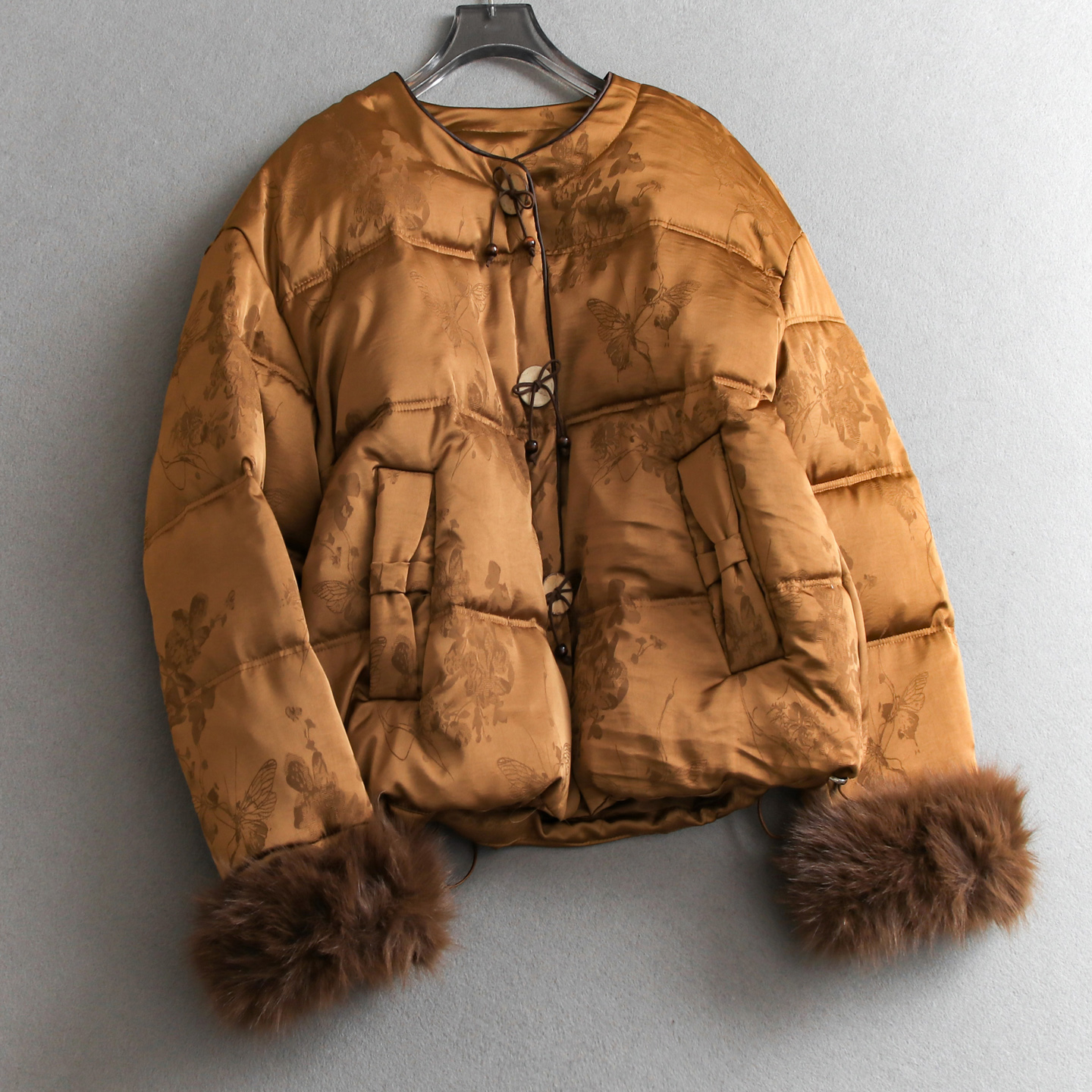 新中式国风印花可拆卸毛绒袖棉衣