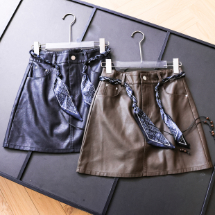 丝巾腰带装 饰防走光内衬PU皮裙A字裙高腰包臀裙半身裙女短裙N031