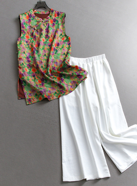 新中式国风印花缎面立领盘扣无袖衬衫可配一整套阔腿裤女套装C748