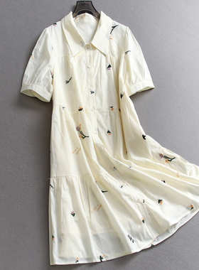 植物碎花刺绣衬衫裙宽松显瘦娃娃裙2025夏季新款短袖女连衣裙C610