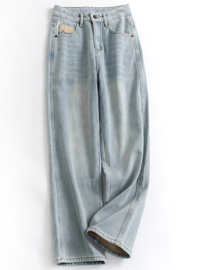 加绒加厚保暖高腰遮跨宽松直筒裤2024冬新百搭阔腿裤女牛仔裤H125