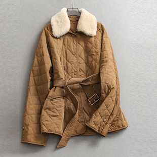 撞色可拆卸毛绒翻领菱格绗缝老钱风长袖 外套女系腰带棉衣棉服M048