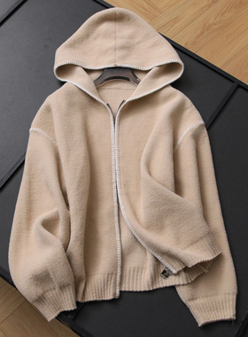 纯色厚款连帽拉链针织开衫外套2025秋冬新款长袖百搭女装毛衣B791