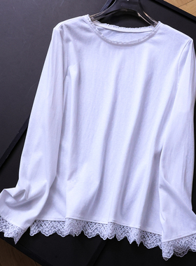 纯色蕾丝拼接宽松显瘦圆领舒适2025秋季新款长袖透气女装T恤B467