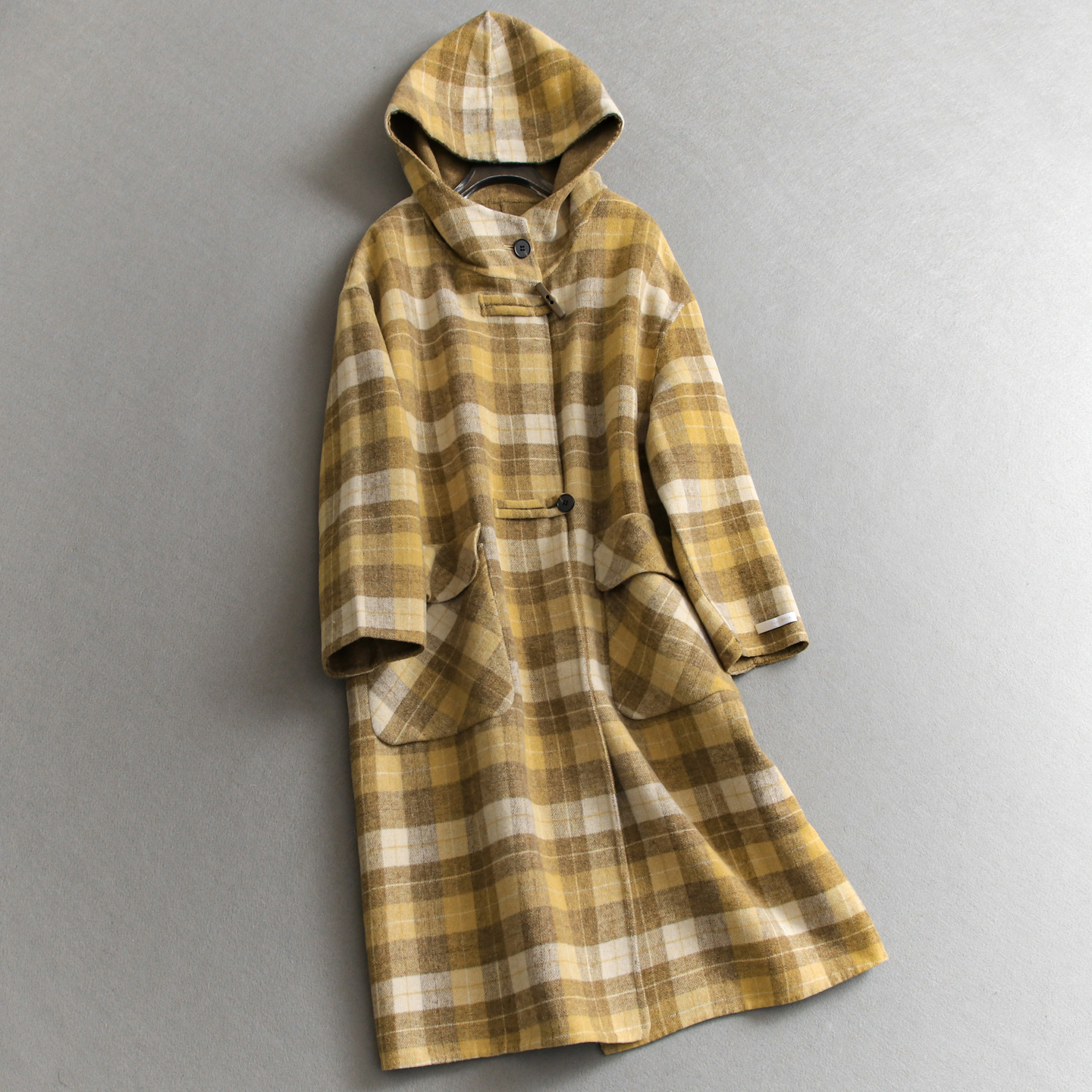 撞色格纹袢扣复古学院风毛呢外套