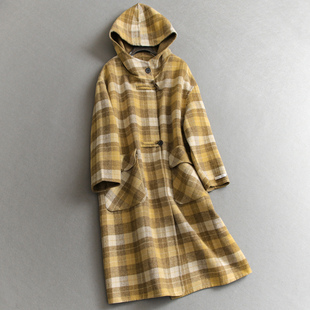 毛呢外套M629 女装 撞色格纹袢扣复古学院风连帽双面呢长款 大衣长袖