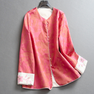 女装 休闲气质百搭长袖 短外套L160 国风提花圆领钉珠卷袖 粉色新中式