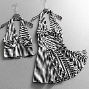 撞色格子显瘦修身 吊带背心裙女短裙性感连衣裙C340 打揽挂脖无袖