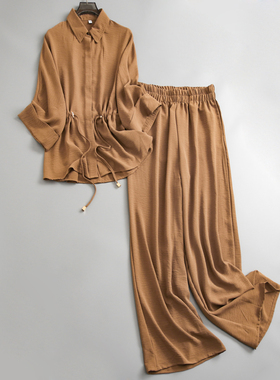 「压褶工艺松弛廓形」极简纯色收腰抽绳长袖衬衫阔腿裤女套装K949