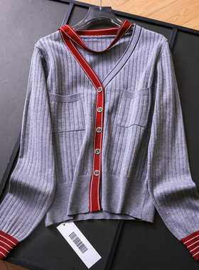 撞色飘带镂空V领显瘦修身毛衣2025冬季新款长袖柔软女针织衫M526