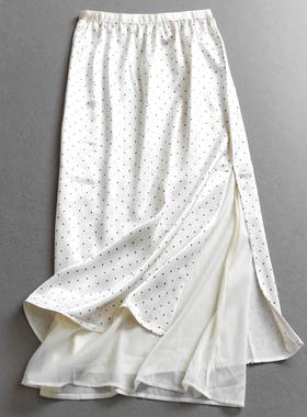 撞色圆点松紧腰显瘦高腰层叠假两件中长款女a字裙减龄半身裙C335