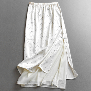 撞色圆点松紧腰显瘦高腰层叠假两件中长款 女a字裙减龄半身裙C335