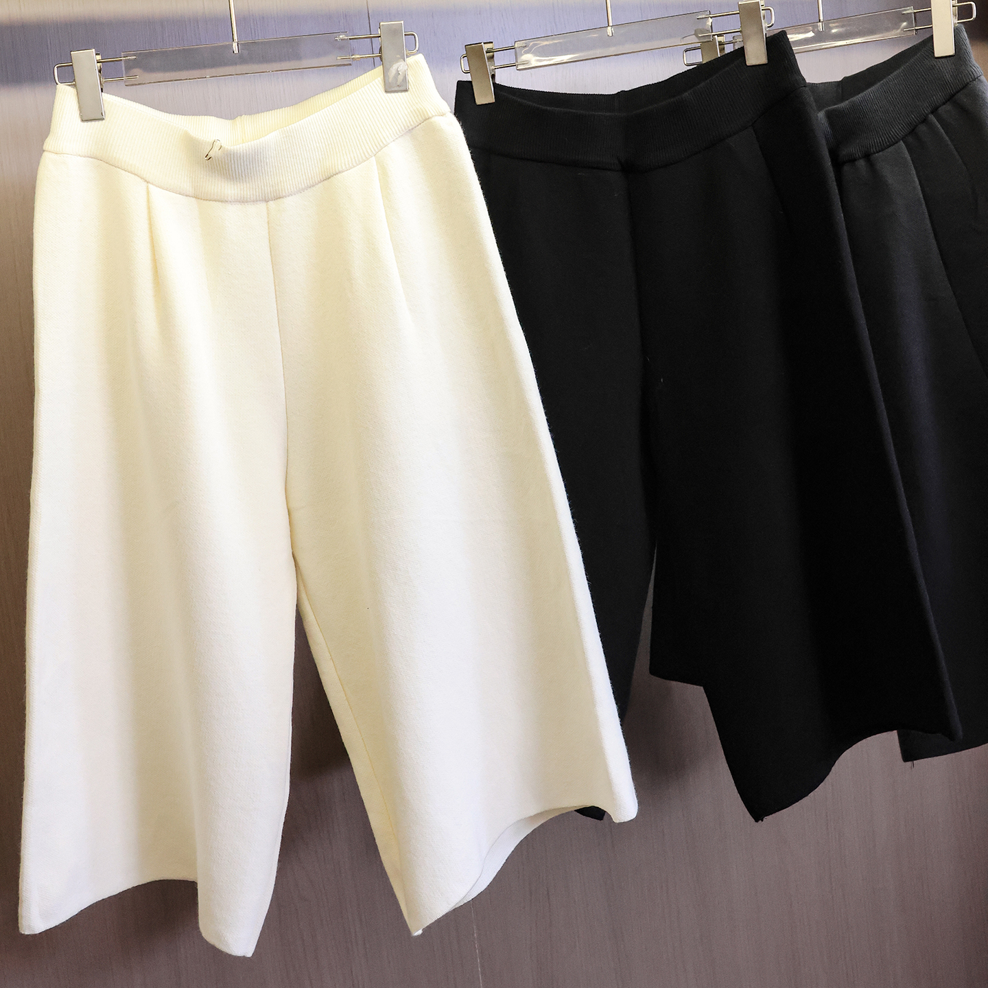 高腰纯色松紧腰针织七分裤休闲裤