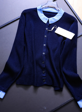 撞色翻领显瘦修身H版型时尚开衫2025秋新款长袖百搭女针织衫B314