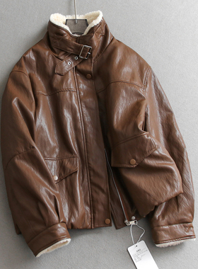 复古风仿羊羔绒翻领加绒加厚内里宽松夹克外套长袖女装pu皮衣Q702