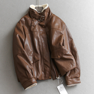 复古风仿羊羔绒翻领加绒加厚内里宽松夹克外套长袖 pu皮衣Q702 女装
