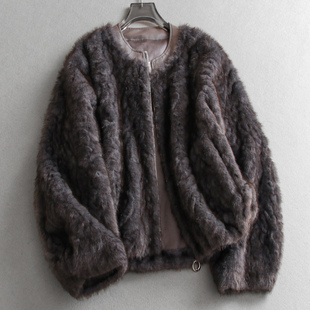 拼皮圆领仿皮毛宽松毛绒保暖皮毛一体长袖 慵懒女环保皮草外套M689
