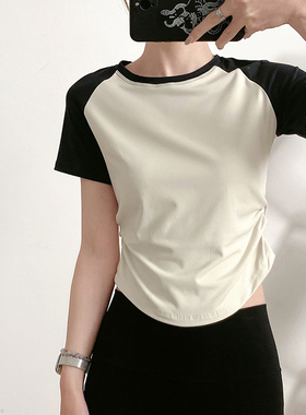 K387女撞色收腰薄款透气速干舞蹈健身瑜伽跑步运动短袖上衣瑜伽服