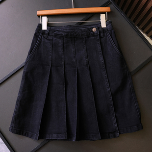 纯色高腰显瘦百褶裙a字裙2025夏新款 通勤百搭牛仔裙女半身裙X202