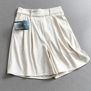 C299 女短裤 纯色冰感松紧腰宽松梨型显瘦捏褶高腰阔腿裤 百搭休闲裤