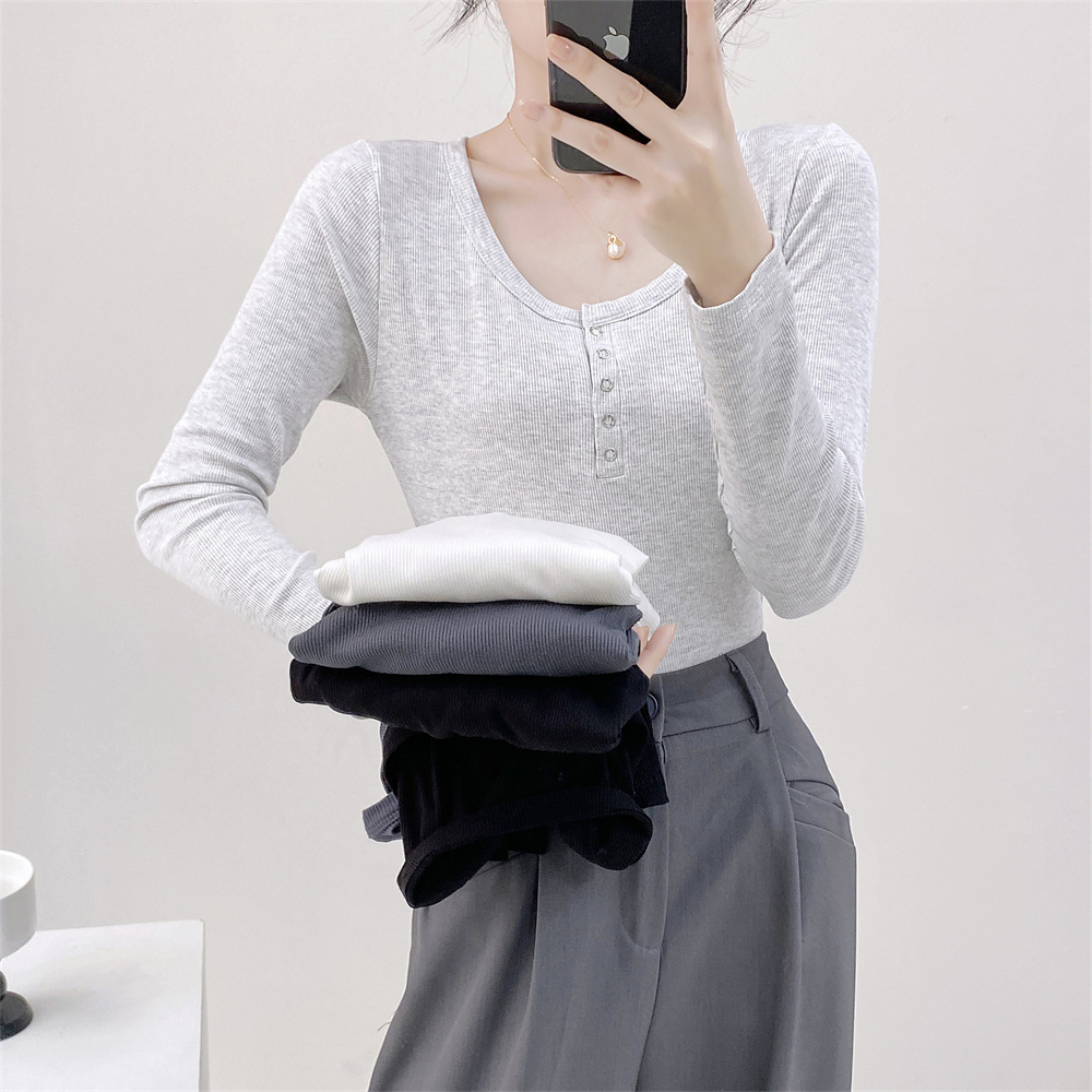 纯色纽扣T恤长袖打底衫亲肤舒适