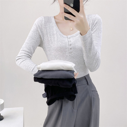 纯色纽扣T恤长袖打底衫亲肤舒适
