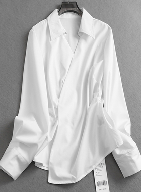 「羊腿袖压褶」白色显瘦收腰V字翻领2025春季新款长袖女衬衫K903