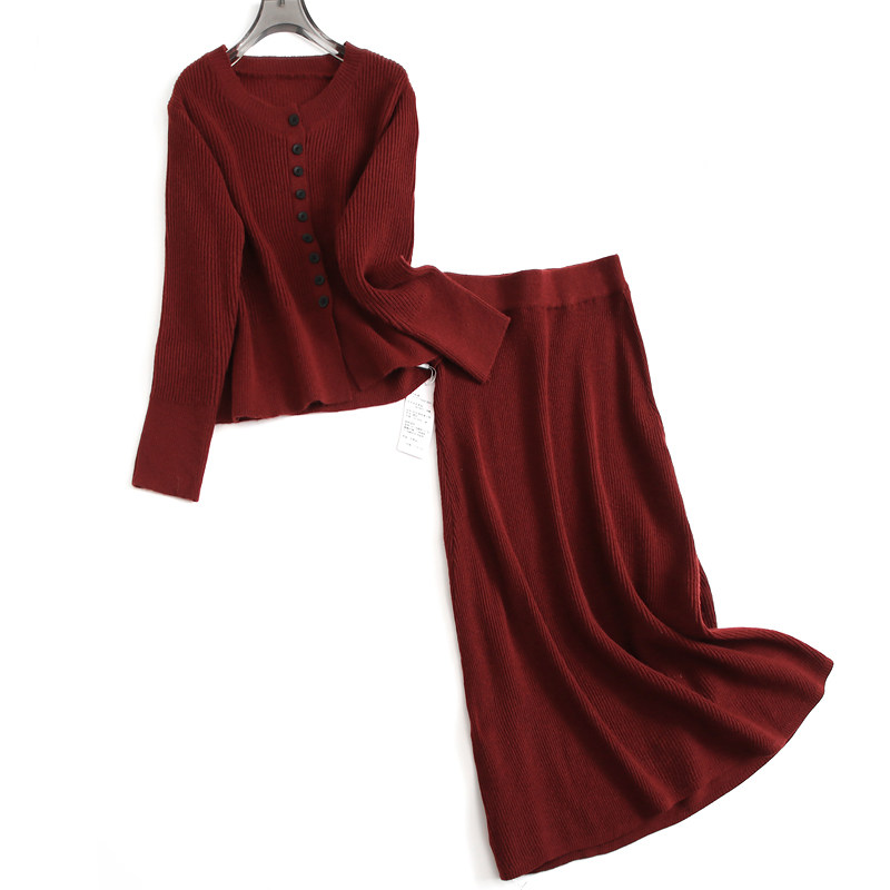 安可拉红显瘦圆领纽扣长袖针织衫毛衣女套装半身裙长裙两件套H459,女装/女士精品,时尚套装,淘宝优惠券,粉丝福利购,淘宝优惠卷