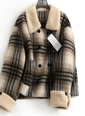 复古格子夹棉加厚保暖仿羊羔毛翻领2024冬新款长袖女毛呢外套J008