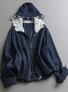 撞色蕾丝拼接连帽宽松廓形显瘦减龄2026春新款长袖牛仔外套女W494