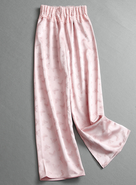 新中式蝴蝶提花拼蕾丝松紧腰宽松直筒裤阔腿裤女抖抖裤休闲裤L161