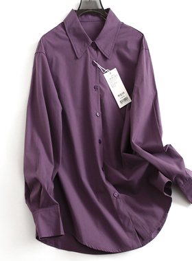 紫色纯棉宽松翻领薄外套2025春季新款外搭长袖纽扣百搭女衬衫J526