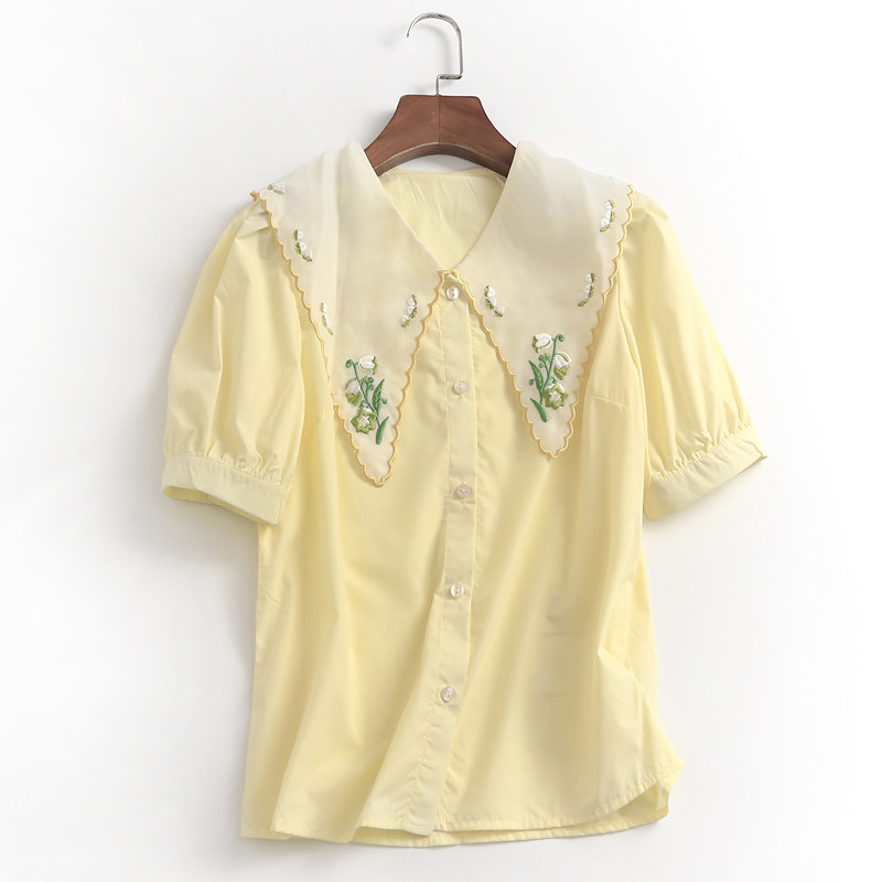 k549绣花欧根纱大翻领宽松减龄显瘦单排扣夏季新款2023短袖女衬衫