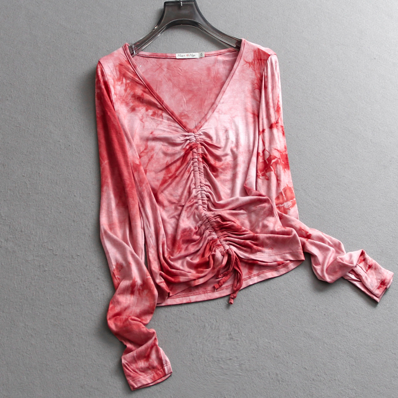扎染柔软弹力抽绳褶皱长袖女T恤