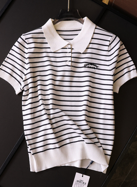 黑白条纹字母刺绣柔软亲肤POLO领套头上衣短袖百搭女针织衫L882